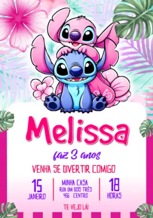 Convite de Aniversário Stitch e Angel Tropical Editável