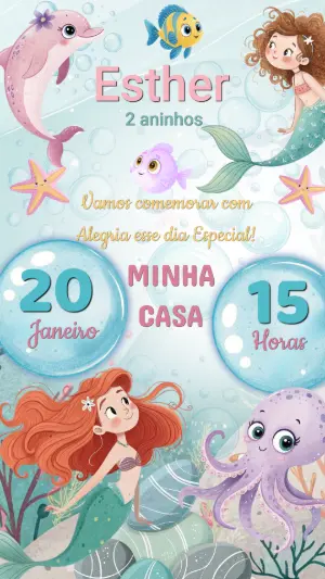 Convite Digital Infantil Tema Sereia e Fundo do Mar Editável