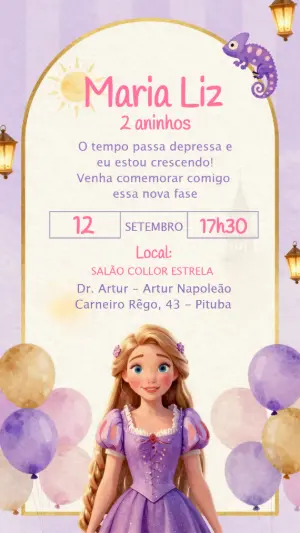 Convite Aniversário Infantil Rapunzel Lilás Modelo Editável