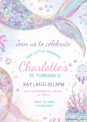 Editable Mermaid Birthday Invitation with Glitter Details
