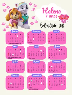 Calendário Infantil Patrulha Canina 2026 Editável com Nome