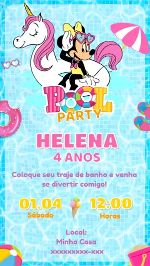 Convite Festa na Piscina da Minnie e Unicórnio para Editar