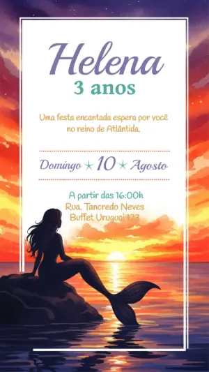 Convite de Aniversário Sereia Pôr do Sol para Editar Online