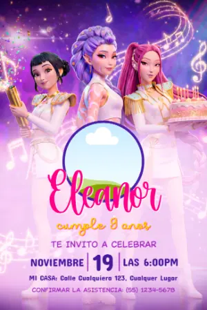 Invitación de Cumpleaños Las Guerreras K-Pop para Editar