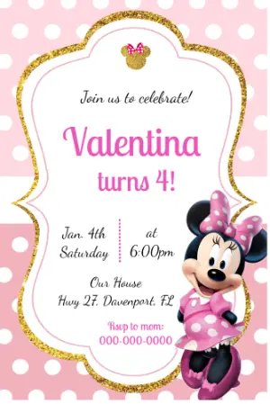 Pink and Gold Minnie Mouse Birthday Invitation Template