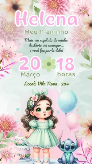 Convite de Aniversário Menina e Stitch Floral Editável