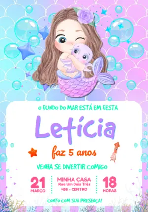 Convite Digital Aniversário Infantil Sereia e Polvo Editável