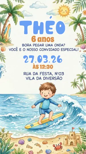 Convite de Aniversário Praia Surf Infantil Editável