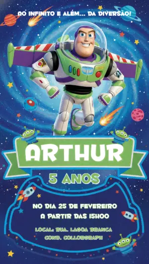 Vídeo Convite Aniversário Buzz Lightyear no Espaço Editável