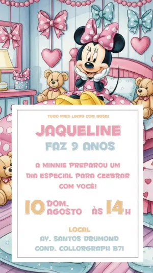 Convite de Aniversário Minnie Mouse Rosa para Editar Online