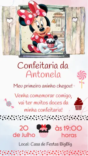 Convite Animado Aniversário Minnie Confeiteira para Editar