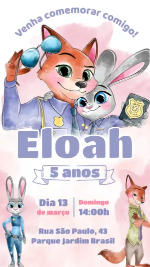 Convite de Aniversário Zootopia Estilo Aquarela para Editar