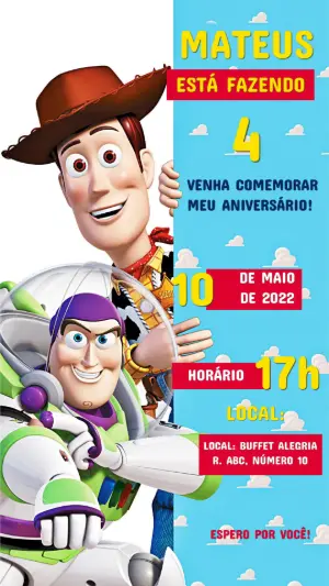 Convite de Aniversário Toy Story com Woody e Buzz para Editar