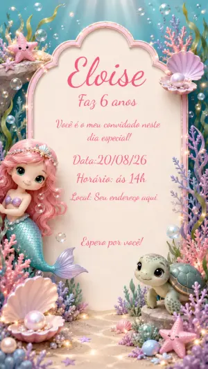 Convite Aniversário Sereia Fundo do Mar para Editar