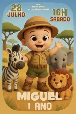 Convite Aniversário Safari com Animais para Editar Online