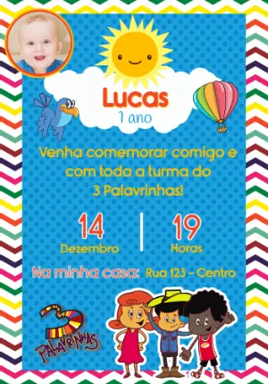 Convite de Aniversário 3 Palavrinhas Colorido para Editar