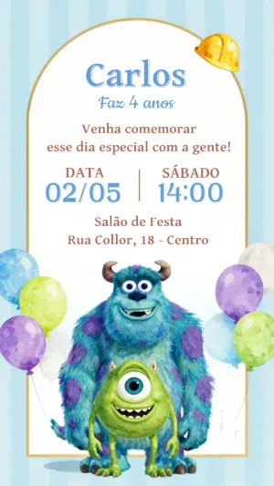 Convite de Aniversário Monstros S.A. Infantil para Editar