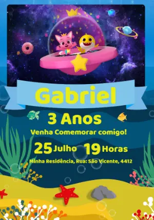 Convite Aniversário Baby Shark no Espaço para Editar