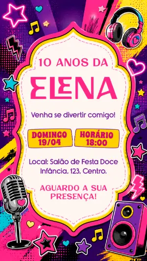 Convite de Aniversário Pop Neon Musical para Editar
