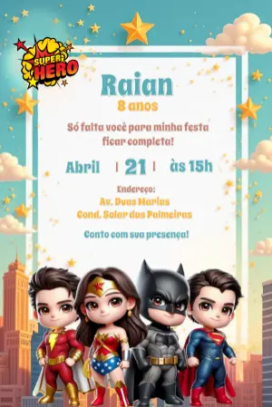 Convite de Aniversário Super Heróis Chibi na Cidade para Editar