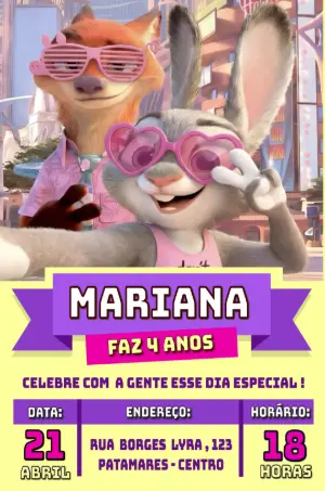 Convite de Aniversário Zootopia Colorido para Editar