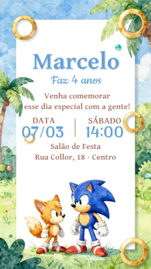 Convite de Aniversário Sonic Aquarela para Editar Online