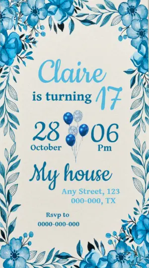 Blue Floral Birthday Invitation Editable Template