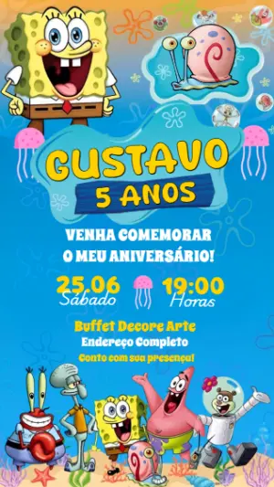 Convite de Aniversário Bob Esponja Infantil para Editar
