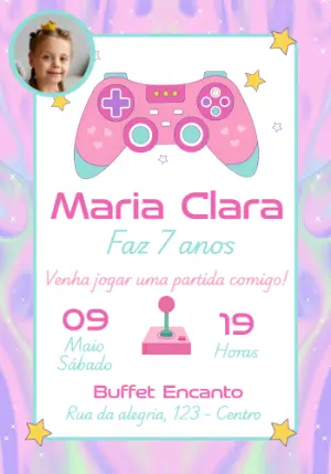 Convite Aniversário Videogame Menina com Foto para Editar