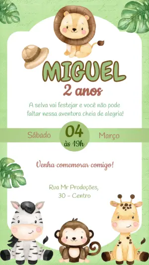 Convite Aniversário Safari com Animais Fofos para Editar Online