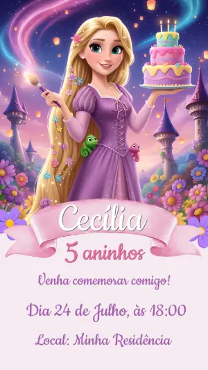 Convite de Aniversário Rapunzel: Modelo Digital Editável