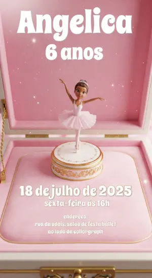Convite de Aniversário Bailarina na Caixa de Música para Editar