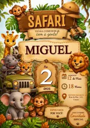 Convite de Aniversário Safari com Animais Fofo para Editar