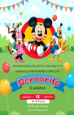 Convite de Aniversário Mickey e Amigos Colorido para Editar