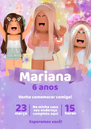 Convite de Aniversário Roblox Menina Lilás para Editar