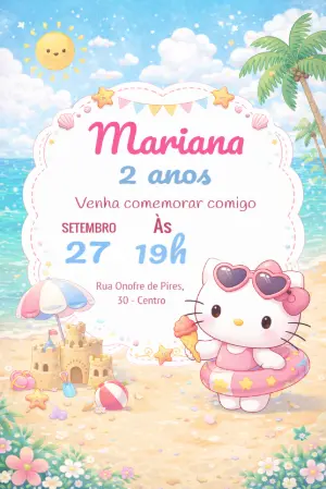 Convite de Aniversário Hello Kitty na Praia Modelo Editável