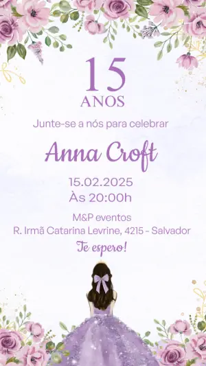 Convite 15 Anos Floral Lilás Princesa para Editar Online