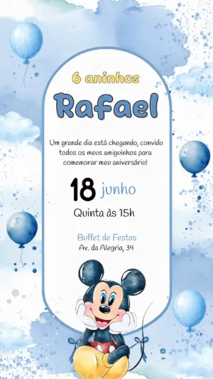 Convite de Aniversário Mickey Aquarela Azul para Editar
