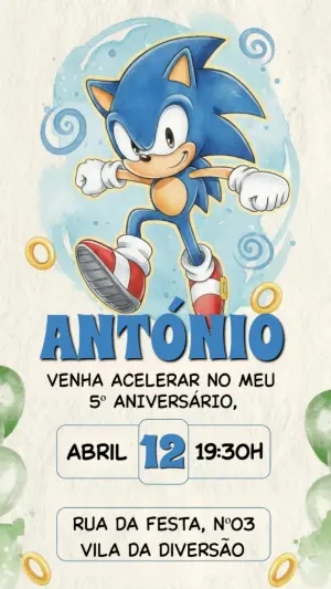 Convite Digital Sonic Editável para Festa Infantil Aquarela