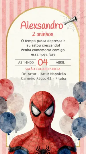 Convite de Aniversário Homem-Aranha Aquarela para Editar