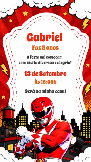 Convite de Aniversário Power Rangers Vermelho Editável
