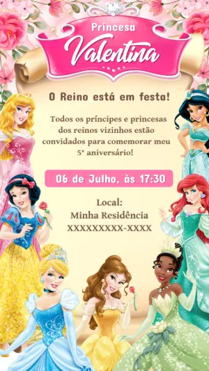 Convite de Aniversário Princesas Disney para Editar Online
