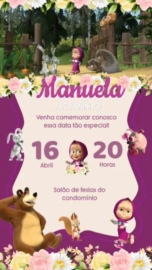 Convite Animado Aniversário Masha e o Urso para Editar Online