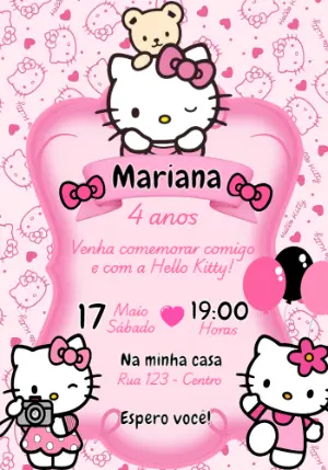 Convite de Aniversário Hello Kitty Editável Online para Imprimir