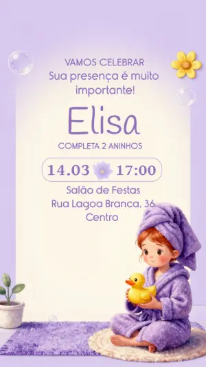 Convite de Aniversário Infantil Tema Spa Lilás Editável