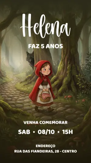 Convite de Aniversário Chapeuzinho Vermelho na Floresta Editável