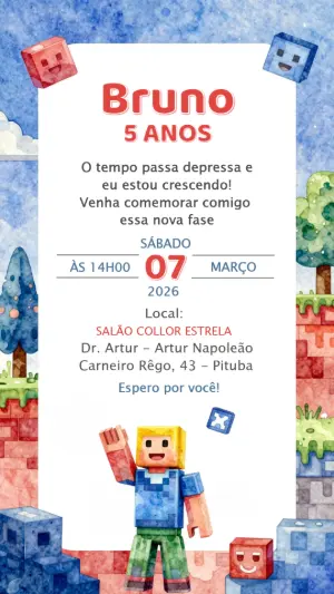 Convite de Aniversário Infantil Tema Jogo de Blocos para Editar