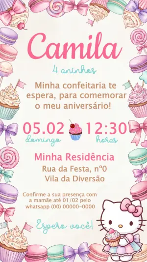 Convite de Aniversário Confeitaria da Hello Kitty Editável