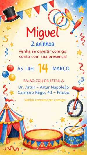 Convite de Aniversário Circo Aquarela para Editar