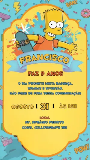Convite de Aniversário Bart Simpson para Editar Online